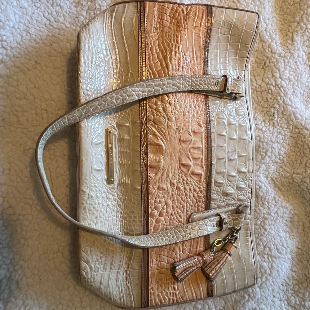 Brahmin Cream and Tan Tote with Embossed Detailing